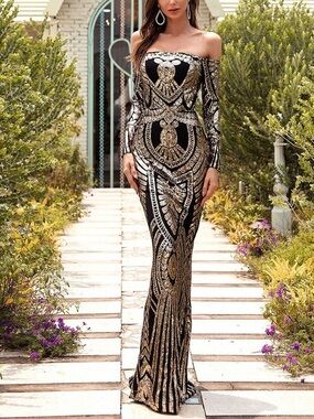 Black & Gold Off-Shoulder Sequin Evening Gown